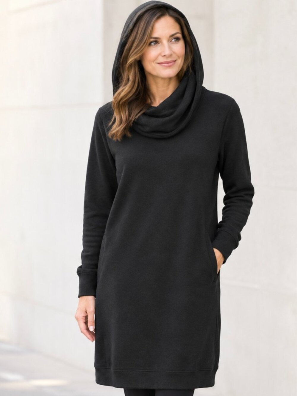 Sweatshirt Dress W/ Hood Large Black NWT Cozy